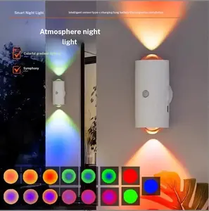 Rechargeable LED night light with motion sensor for bedroom, RGB color gradient ambient lighting, dimmable magnetic wall lights for entryway, bedside table, desk, and wardrobe, USB powered
