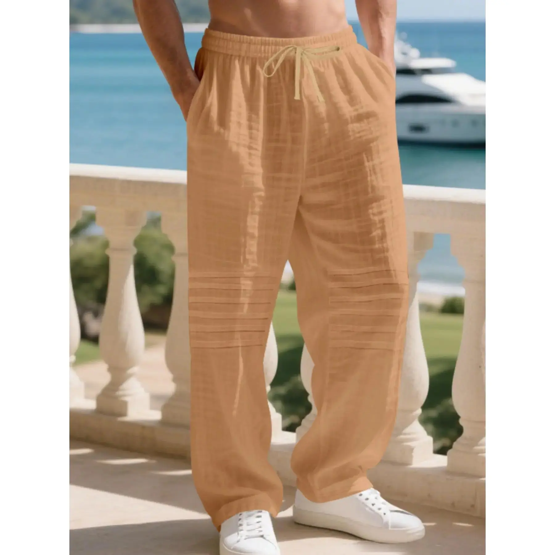 Men's Casual Pleated Linen Trousers - Loose-Fitting, Drawstring Waist, Lightweight, Long/Semi-Long, Plissee Design, Textured Detail, Multi-Size for Summer Beach Outdoors