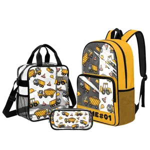 Kids Personalised Clear Backpack Set with Name, Yellow Excavator Construction Truck Print School Bag 3PCS Set with Lunch Bag & Pencil Case, Lightweight Durable Transparent Backpack for Boys, Back to School Essentials, Large Capacity with Side Pocket