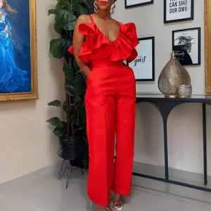 Women's Fashion Summer New V-neck Ruffle Strap Top High Waist Long Pants African Set Womenswear Clothes Suits Gamis mini skirt deep holiday party jumpsuit cap
