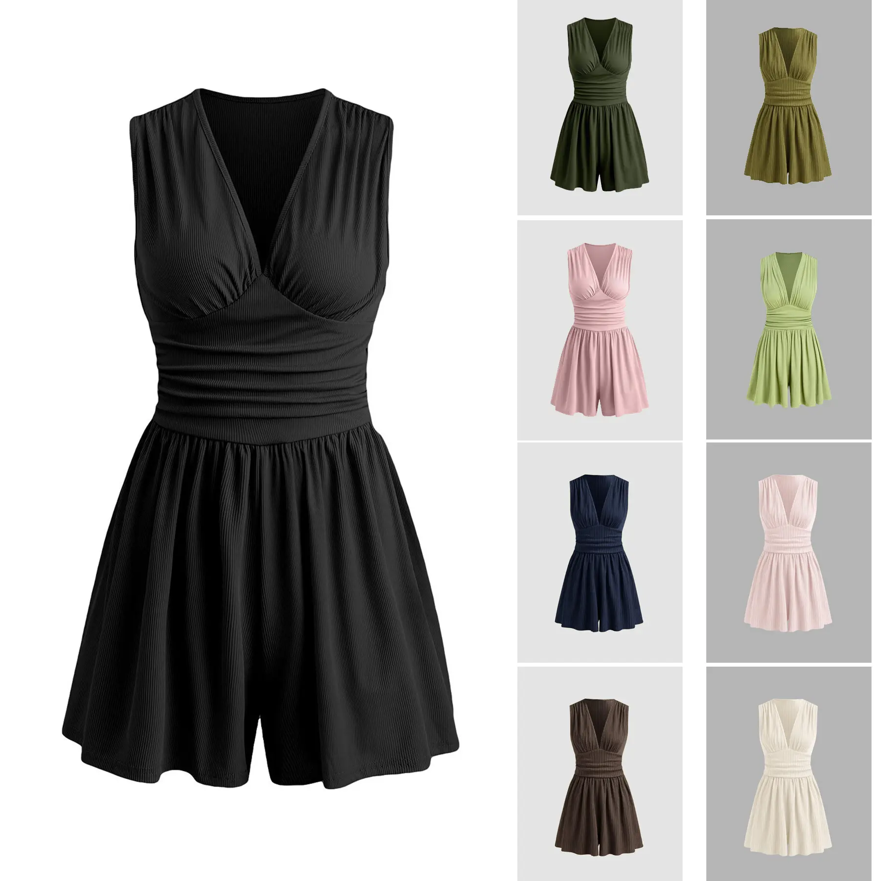 V-neck, waist-cinching design, pleated, elegant, work-appropriate sleeveless jumpsuit with shorts