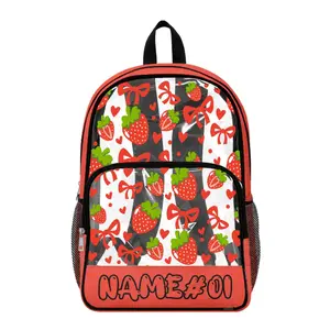Personalised Strawberry Clear Backpack for Girls, Custom Name Transparent PVC School Rucksack, Cute Bow Print Kids Book Bag, Lightweight Multi Pocket Back to School Bag with Front Zip Pocket and Side Mesh Bottle Holders