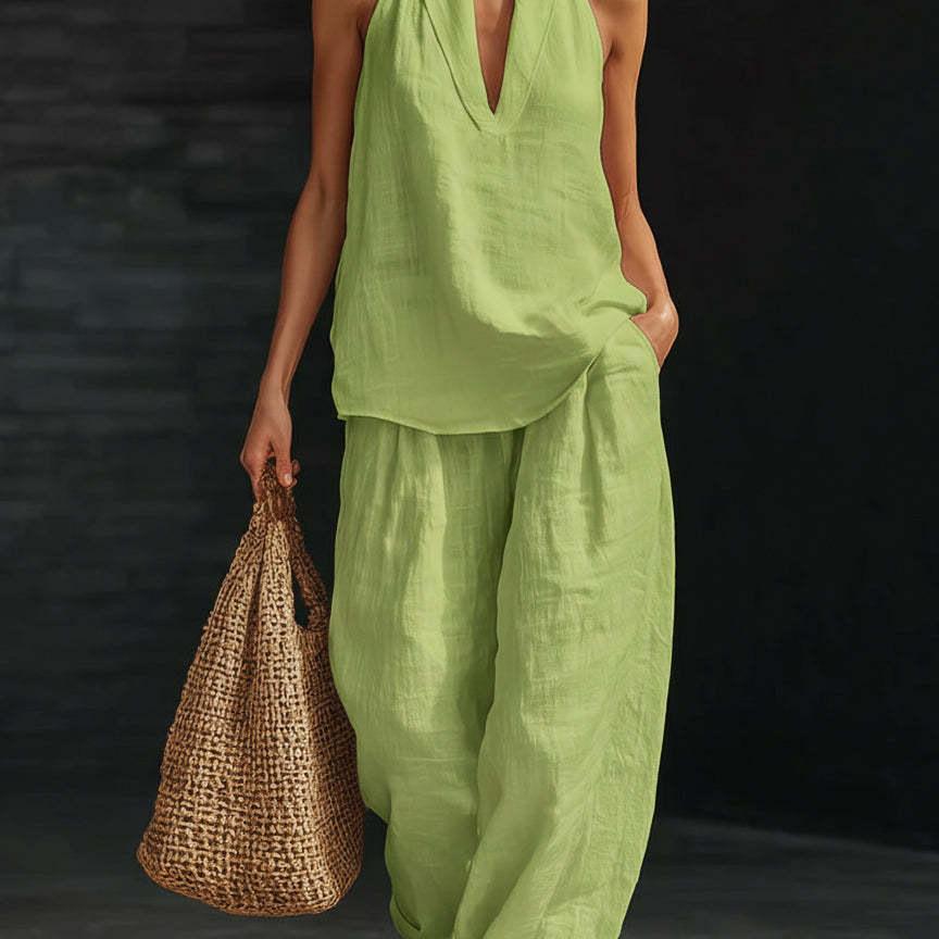 Boho Linen Two Piece Set - Perfect for Beach, Vacation & Brunch! Halter Neck Sleeveless Top Wide Leg Pants Set # TwoPieceSet # LinenSet # WideLegPants # HalterNeck # SummerOutfit # BohoFashion # CasualWear # Outfit of the Day # WomensFashion Boho Linen Two Piece Set - Perfect for Beach, Vacation & Brunch! Halter Neck Sleeveless Top Wide Leg Pants Set # TwoPieceSet # LinenSet # WideLegPants # HalterNeck # SummerOutfit # BohoFashion # CasualWear # Outfit of the Day # WomensFashion