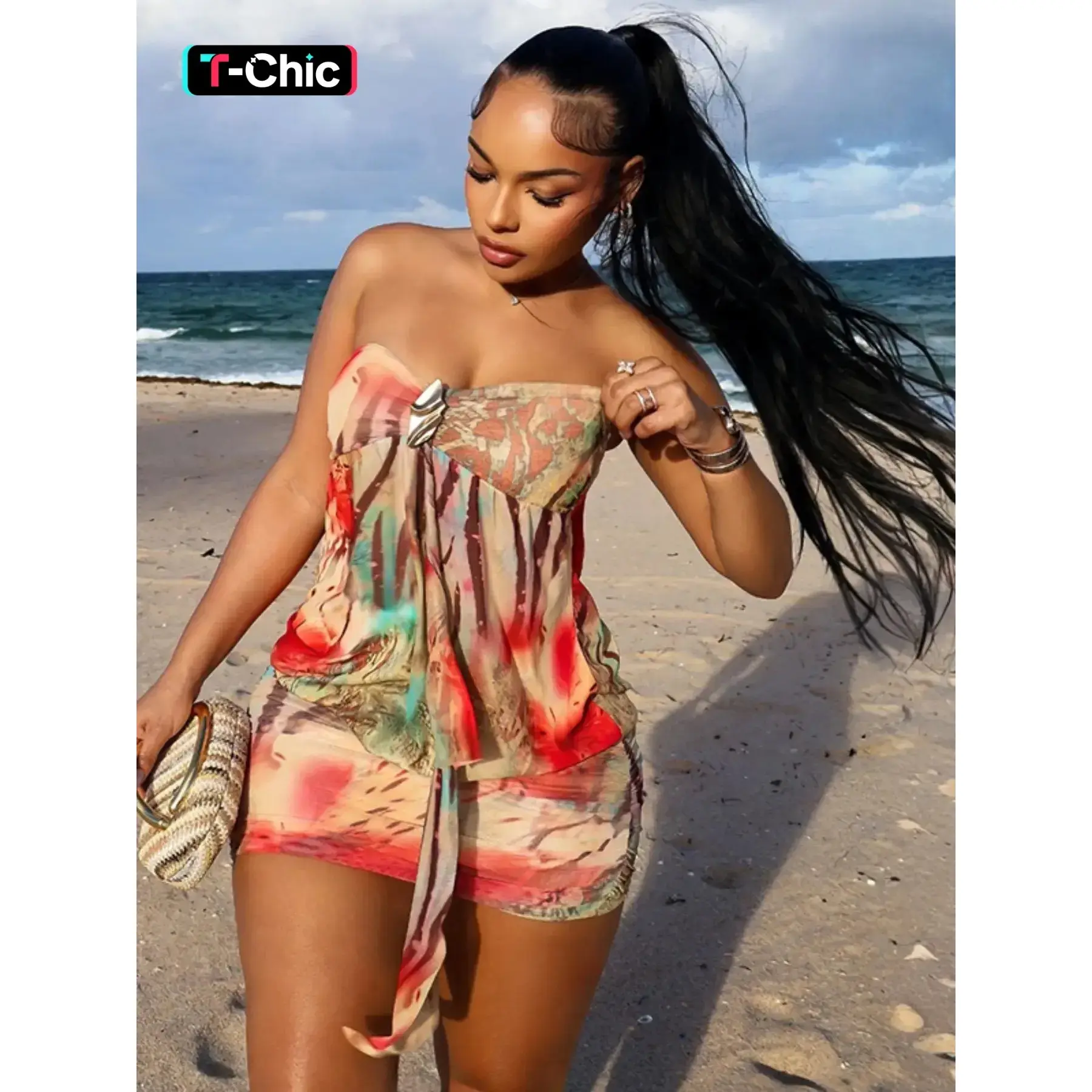 Women Vacation Printed Sleeveless Strapless Bodycon Dress with Metal Buckle Splicing Long Ribbons Slim Fit Summer Casual Chic Beach Party Resort Wear Perfect for Beach Vacations Dates