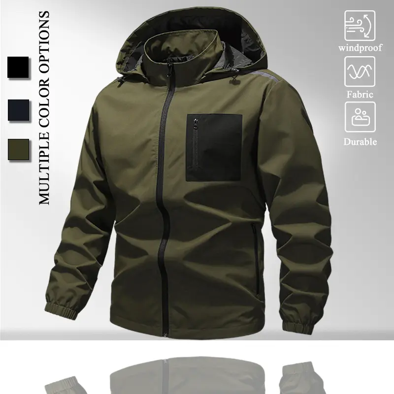 Men’s Army Green Windproof Hooded Jacket, Full Zip Lightweight Wind Shell Coat with Black Contrast Pocket, Elastic Cuffs Outerwear for Hiking and Cycling