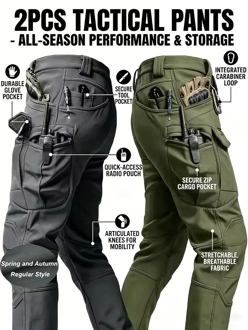 2PCS Men’s Tactical Pants – Stretch Waterproof Fabric, Durable Cargo Pants for Hiking, Casual Wear & Work, Multiple Pockets (No Belt)