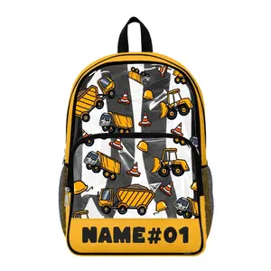 Kids Personalised School Rucksack, Clear PVC Construction Vehicle Backpack for Boys, Custom Name Transparent Book Bag with Dumper and Bulldozer Print, Lightweight Durable Multi Pocket Design for Back to School and Travel Days