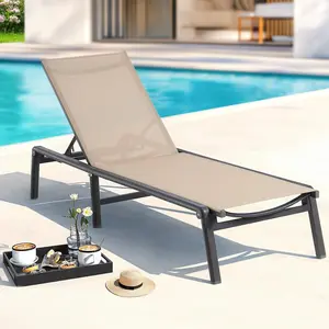 Chaise Lounge Chair Outdoor, Free Outdoor Lounge Chair with 5 Position Adjustable Backrest, Patio Pool Lounge Chairs for Outside Poolside Beach Lawn, 1PC, Khaki