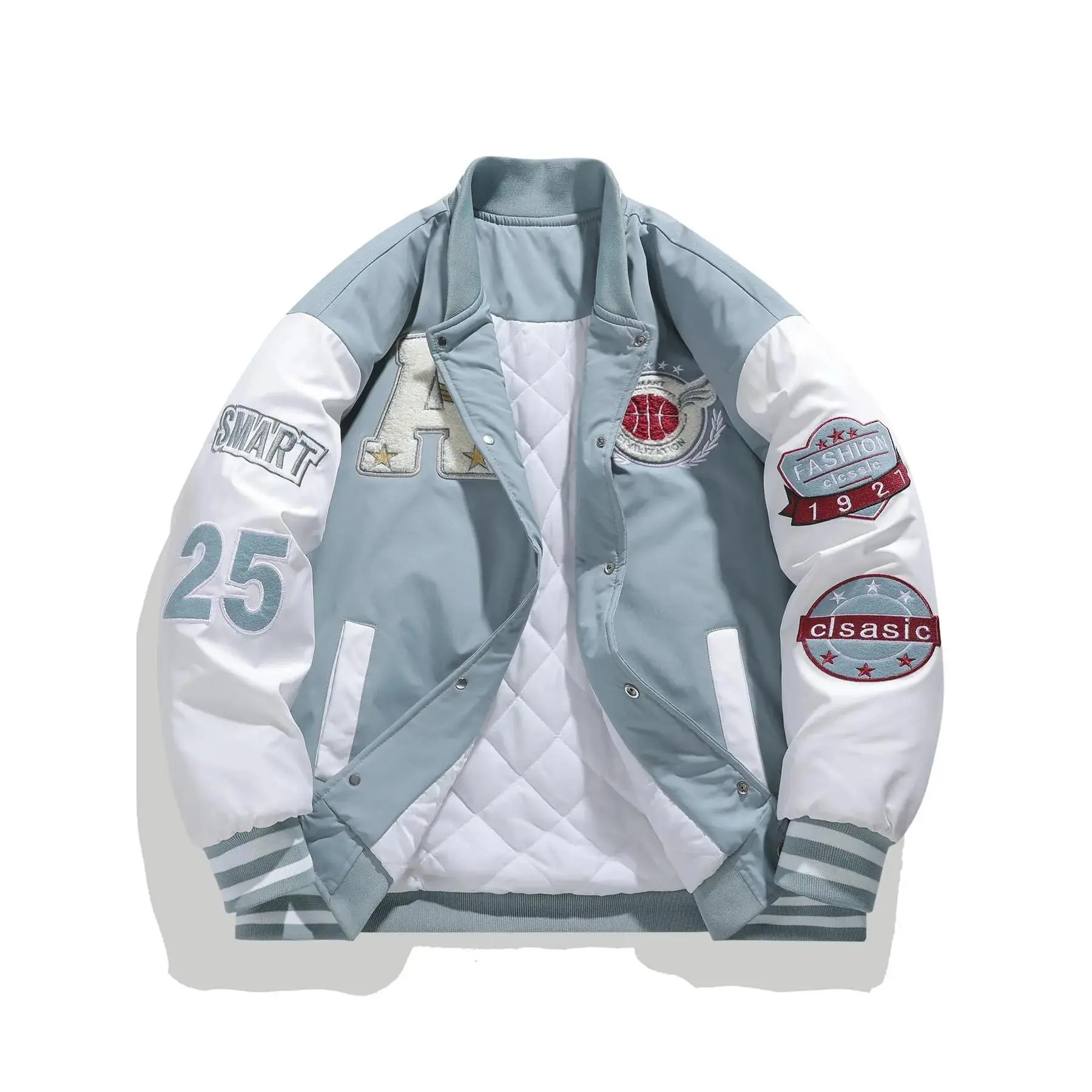 Men's baseball jacket with color block design, letter and figure embroidery, regular fit, casual long-sleeve jacket with button closure for autumn and winter, men's everyday wear, jacket with collar.