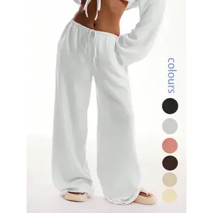 Women's Solid Pocket Pants, Casual Comfy Wide Leg Woven Trousers for Beach Vacation Holiday, Ladies Bottoms for All Seasons, Baggy Legged Pants, Fit