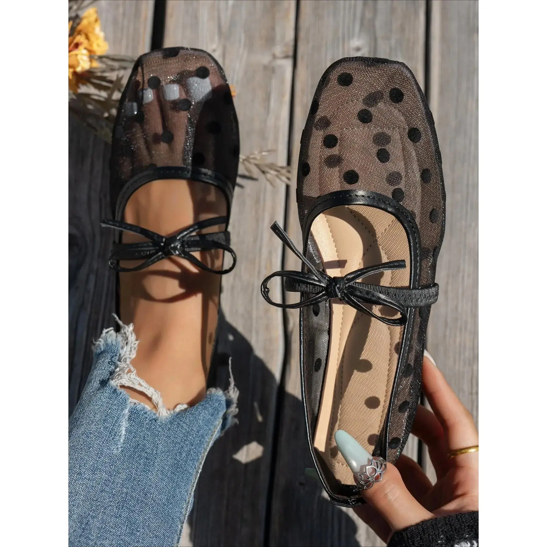1 Pair Polka Dot Mesh Bow Square Toe Flat Shoes Women, Flats, Breathable Hollow Soft Non--On Bowknot Design Loafers, French Gentle Style Versatile Comfort Shoes Commuting, Dates, Trips and Daily Shopping