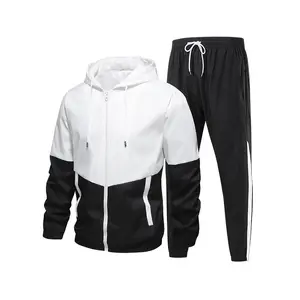 Men's casual sports hoodie set for spring & autumn, two-piece, made of 100% polyester fiber, with elastic drawstring design, pocketless waist, cuffed leg cuffs, comfortable, versatile, suitable for office work and sports activities.