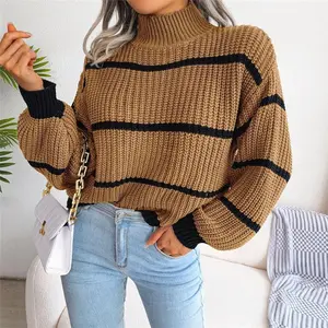 European and American style casual striped lantern sleeve half-high collar knitted pullover sweater for women