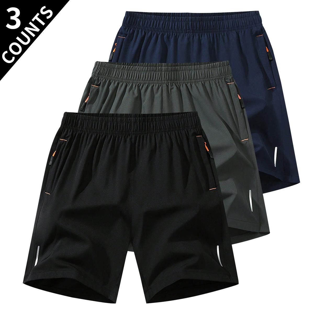 [New Arrival]Everyday Essentials Casual 3pcs Men's Summer Sports Shorts Breathable Quick Dry Fabric, Drawstring Waist with Zipper Pockets, Lightweight & Comfortable for Running, Hiking, Black, Navy Blue, Dark Gray Perfect Gift for Active Men