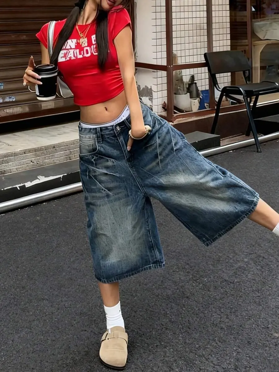 Women's Vintage Washed Cat Whisker Pocket Wide Leg Bermuda Denim Jorts - Bottoms, Casual Wear, Denim Fabric, Music Festival Summer Essential, Bermuda Shorts, Jorts For Women