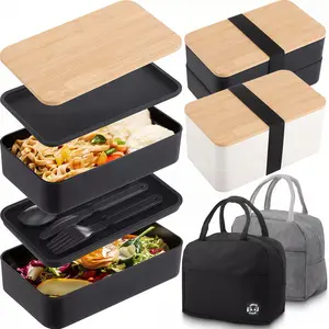 Japanese-Style Double-Layer Lunch Box with Thermal Bag, Lunch Box And Lunch Bag, Includes Utensils Like Spoon, Knife, And Fork, Features Independent Compartments for Large Capacity Insulation, Microwave-Safe Plastic Storage Container