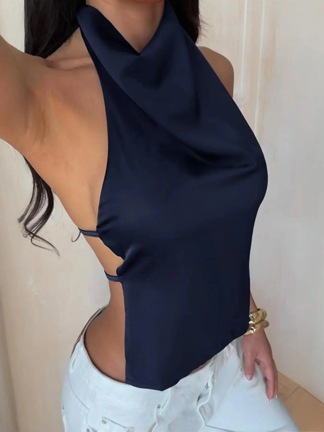 Summer Satin Halter Backless Top For Women, Casual Plain Fitted Sleeveless Blouse For Daily Wear With Stylish And Comfortable Design, chic everyday, refined casual, polished detail, modern cut