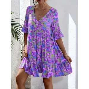 Summer New Plus Size Women's Dress, Vacation Style Casual Versatile Floral Print Bohemian V-Neck Short Sleeve Knee Length