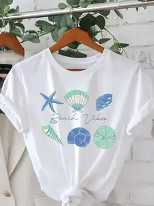 Beach Vibes Graphic T-Shirt - Casual White Tee with Rolled-Up Sleeves, Colorful Sea Creatures Design Including Starfish and Shells, Perfect Summer Top - Available in Plus Size for Ultimate Comfort