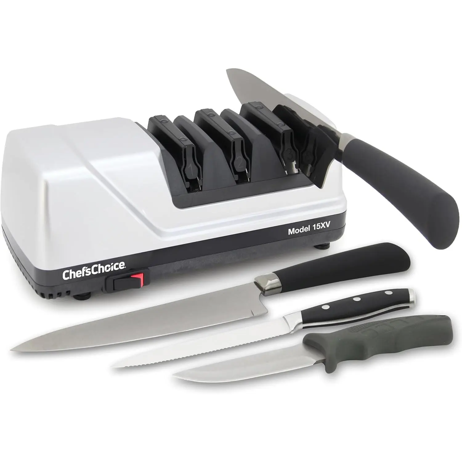 15XV  Professional Electric Knife Sharpener with 100-Percent Diamond Abrasives and Precision Angle Guides for Straight Edge and Serrated Knives, 3-Stage, Gray