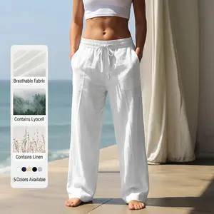 Women’s fashion Lyocell casual pants, elegant elastic waistband long pants, resort outfit, lightweight breathable straight leg summer pants, solid color linen casual pants