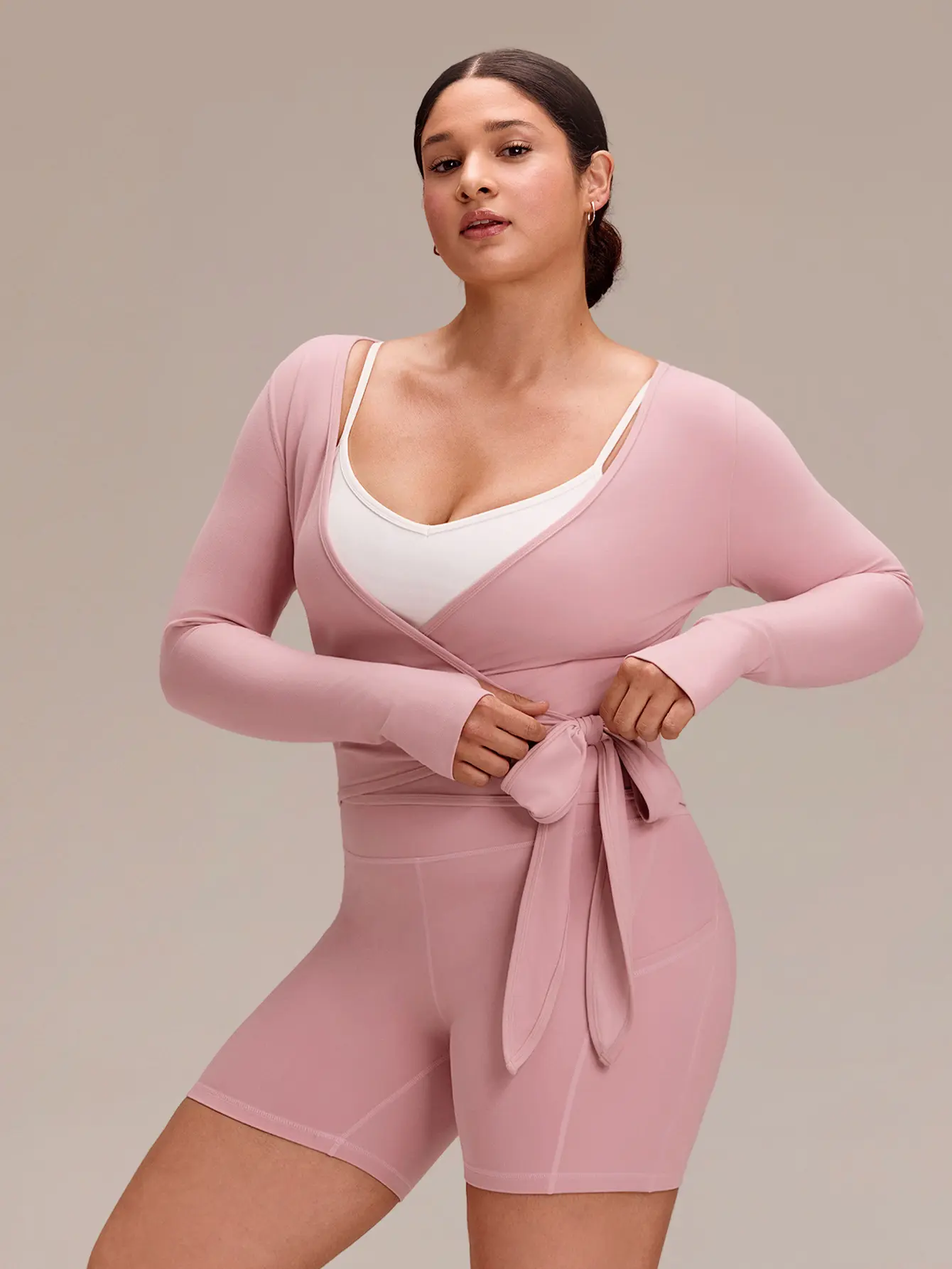 GLOWMODE Plus Size FeatherFit Sweat Wicking Stretchy Reversible Tie Waist Long Sleeve Plus Size Yoga Top With Thumbholes Pilates Studio Daily Wear