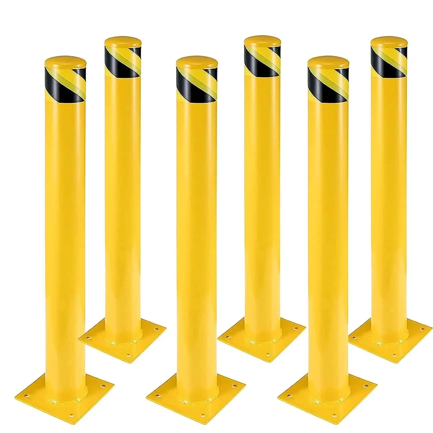 6-Pack Steel Safety Bollards (36in/91.44cm Height, 4.5in Diameter) - Metal Parking Security Posts with 16 Anchor Bolts for Driveway, Parking Lot Protection, Six Pack
