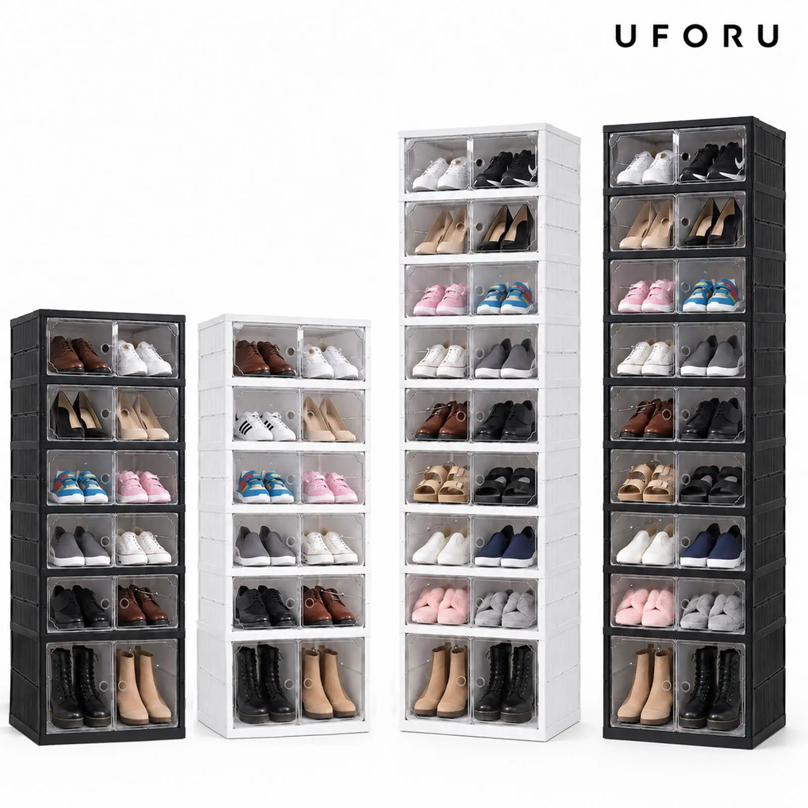 UFORU folding shoe rack, magnetic transparent door shoe cabinet, 9 layers, can store 18 pairs of shoes, simple design, large capacity, sturdy and stackable plastic shoe cabinet, space saving, no installation required