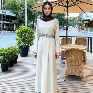 CL23 Flowery Linen Abaya Chic Fit Polyester Fabric Soft Comfortable Modest Dress for Muslim Women Beige Summer, Fashionweek
