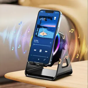 Wireless Induction Speaker, Phone Stand with Bluetooth Speaker Amplifier, Stereo Sound, RGB Ambient Light, 360° Adjustable Phone Holder Compatible with iPhone/iPad/Android/Samsung Galaxy