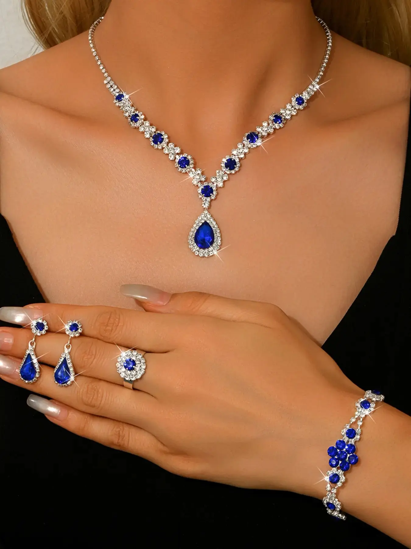 5-piece set of gorgeous sparkling bridal wedding jewelry, luxurious sparkling rhinestone earrings ring bracelet necklace combination set, Jewellery Gift Set, the perfect choice for giving gifts to women-A