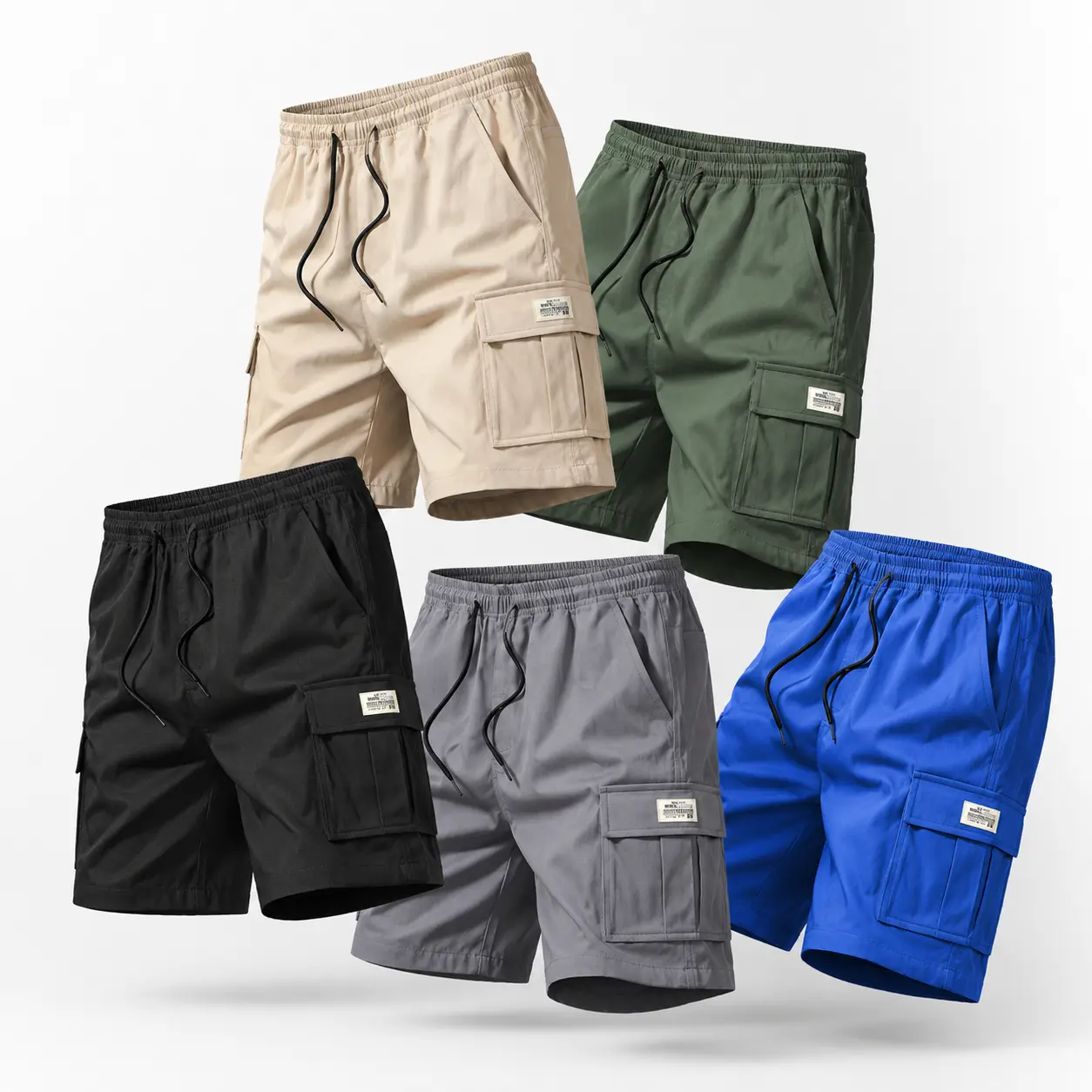 Menswear Plain Stylish Loose-Fit Polyester Jorts for Men, Airy Lightweight Casual Bottoms with Adjustable Drawstring Waist, Functional Flap Pockets, Soft Street Style for Hiking, Travel, Everyday Wear