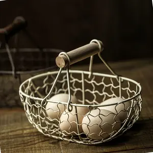 [Rustic Egg Basket] Rustic Style Mini Egg Basket - Heavy Duty Iron Wood Wire Storage with Ergonomic Handle, Space Saving Oval Design Holds 24 Eggs - No Assembly Required, Farmhouse Kitchen Or Living Room Decor Basket, Pantry Must-Have, Vintage Aesthetic,