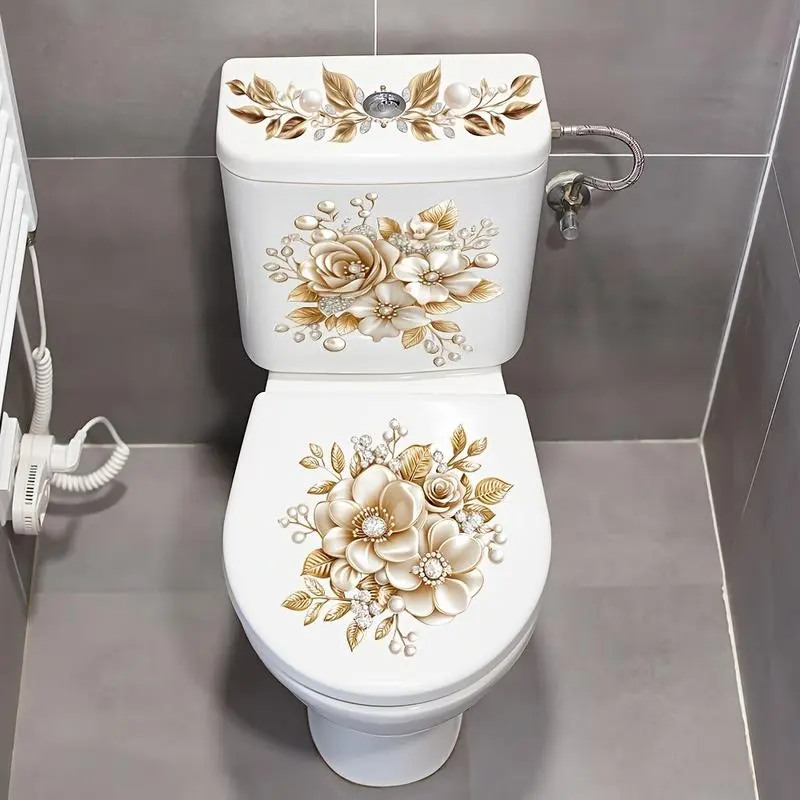 3 Piece Bathroom Toilet Sticker Set, PVC Self Adhesive Decorative Decals, Matte Finish Irregular Floral Shape, Luxury Design Accessories, Bathroom Essentials