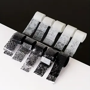 10 Rolls Black & White Lace Floral Nail Art Full Wraps - 0.98x23..62inch Vinyl Pre-Cut Strips with Adhesive Backing, Glossy Finish for Gel & Acrylic Nails, Disposable DIY Manicure & Pedicure Decor, Nail Tech Supplies, Nail Accessories, Intricate Patterns,