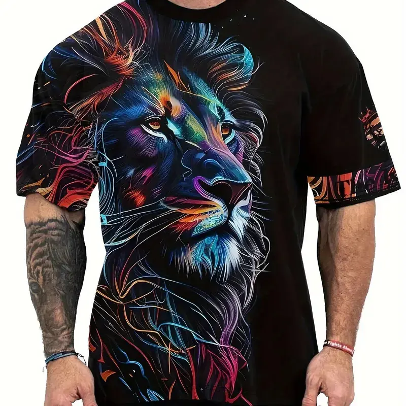 Men's Casual Novelty Tshirt - Menswear Short Sleeve Crew Neck Top with Stylish 3D Lion & Crown Graphic Print, Breathable Fabric for Summer Outdoor, Long-Wear P2TGM223S
