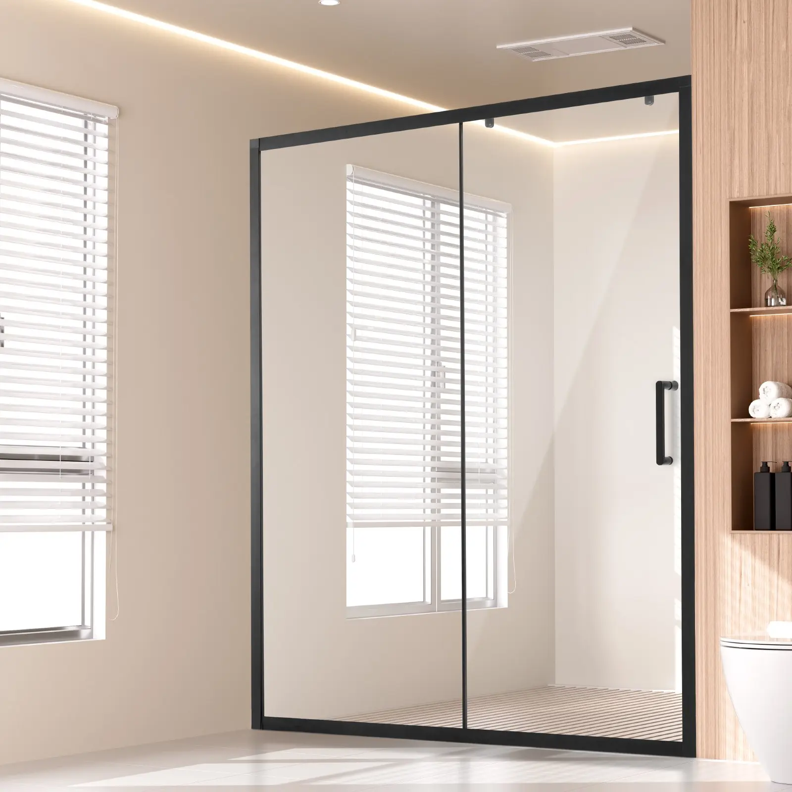 【Summerfinds】VEVOR Narrow Frame Semi-Frameless Sliding Bathroom Door, 57.7-59x70", 1/4"(6mm) Tempered Glass, Aluminium Rail, Integrated Handle, Stainless Steel Hardware, Matte Black Finish, 88.2 lbs/40 kg, Reversible Fit Double Protection Doors, Sliding D
