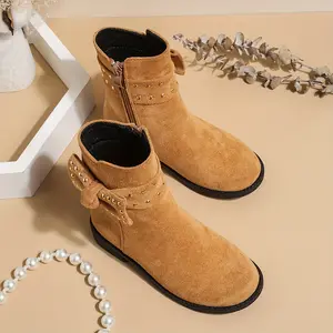 Elegant Girls' Chelsea Boots with Bowknot - Chunky Heel, Zip-Up, Round Toe/Fall