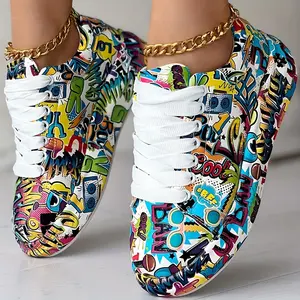 McQueen Women's Graffiti Shoes White Sneakers Thick-Soled Student Casual Training Footwear Athletic Closed Running Girl Makapal Grey