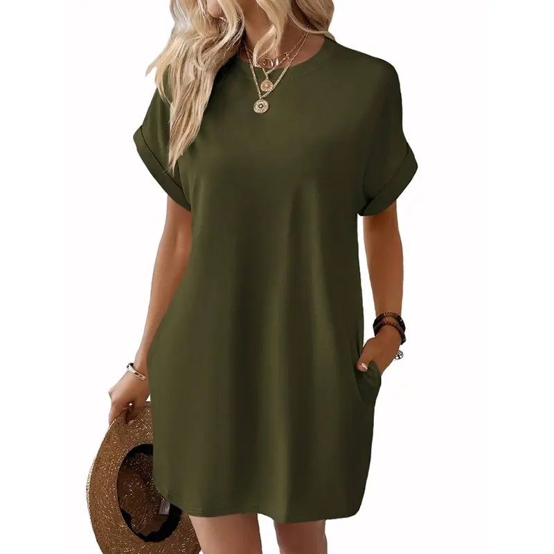 2025 Women's New Solid Color Round Neck Loose Short Sleeve Pocket Dress  dress summer outfits drop waist dress white dress - TikTok Shop