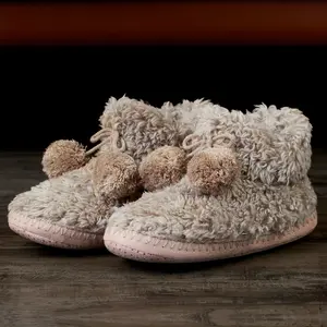 Solid Color Pompon Slippers, Casual Shoe Cover Artificial Fur Shoes, Comfortable Indoor Home Slippers