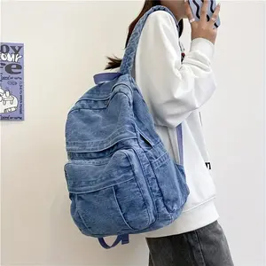 Vintage Chic Canvas Backpack - Distressed Denim Style, Multiple Compartments, Padded Shoulder Straps, Stylish Women's Student Bag for School, Travel, and Daily Use