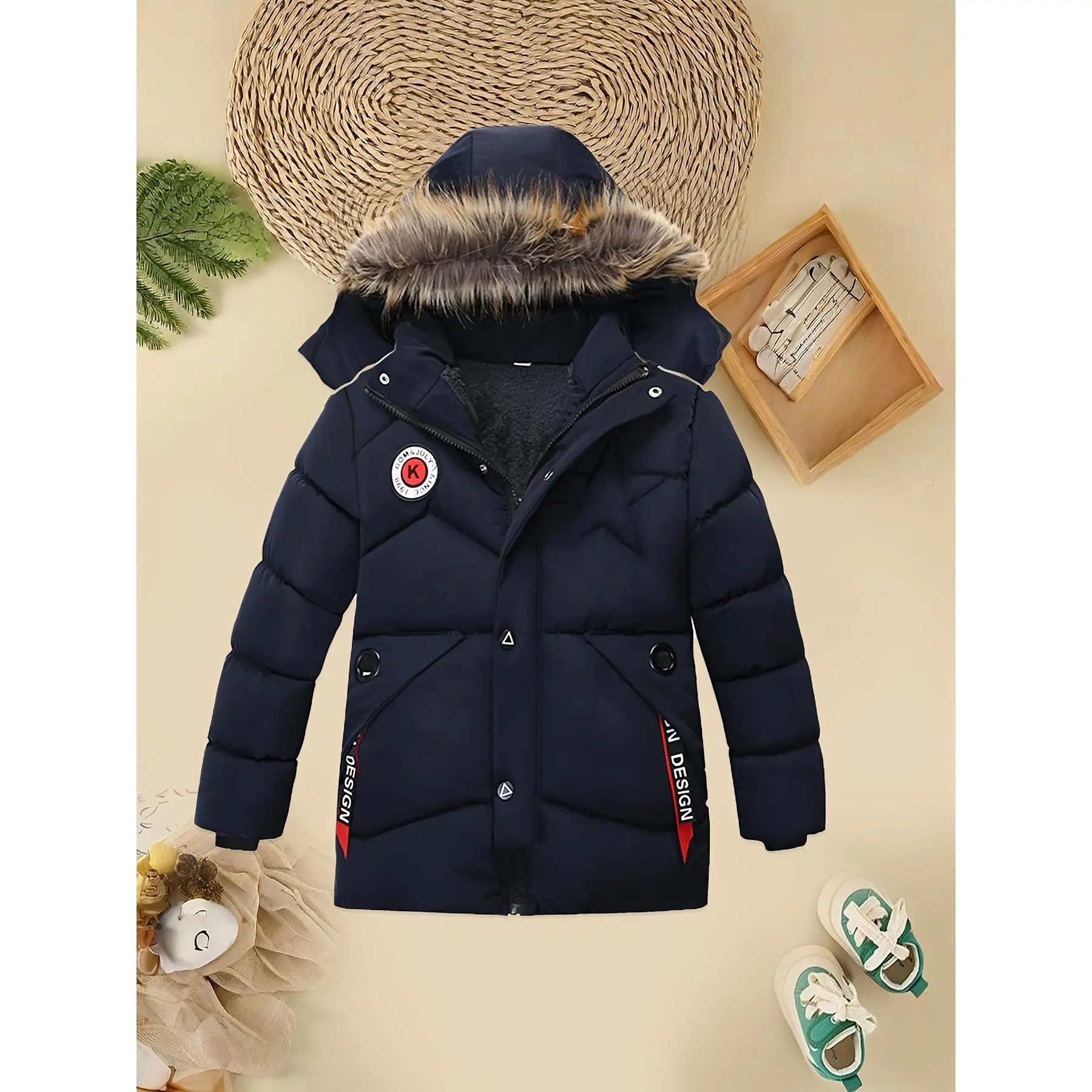 Boys' Winter Polyester Puffer Coat - Hooded Jacket with Fleece Lining, Faux Fur Trim, Long Sleeves, Casual Alphabet Graphic Design, Letters Boys' Outerwear