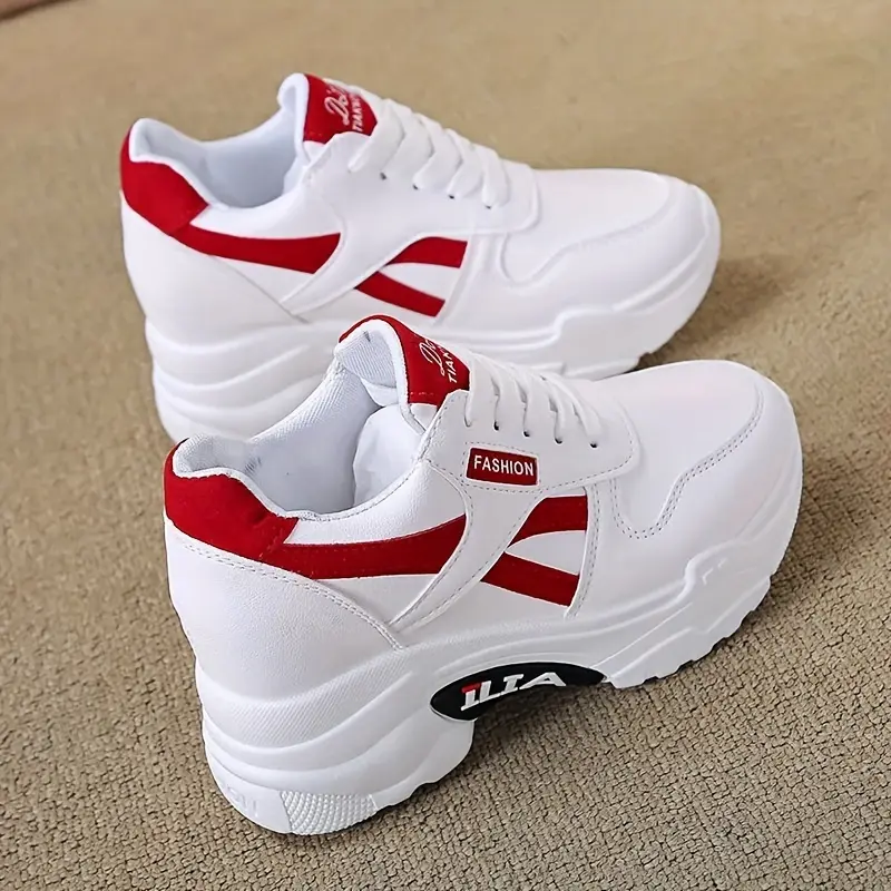Women's Fashion Casual Platform Chunky Dad Sneakers - White with Red Accents, 3.15in Thick Lace-up Sole, All-season Height-increasing Durable Rubber Sole Shoes for Sports & Outdoor Use, Fashion Casual Sneakers