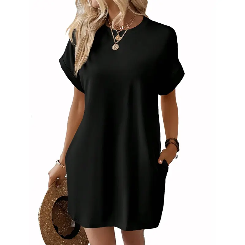 2025 Women's New Solid Color Round Neck Loose Short Sleeve Pocket Dress  dress summer outfits drop waist dress white dress