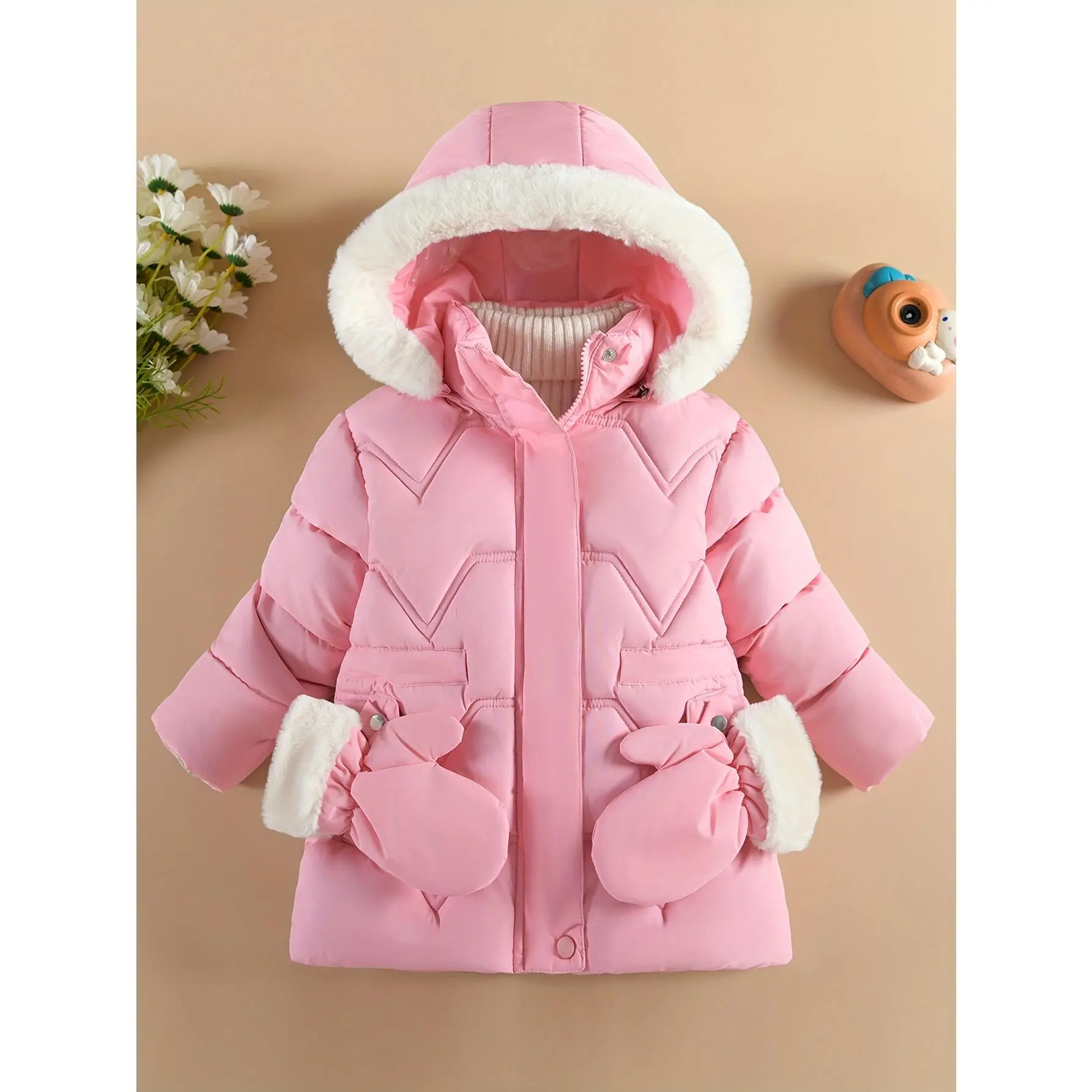 Girl's Comfy Solid Color Long Sleeves Warm Hooded with Pockets & Gloves Trendy Versatile Zip-Up Coat Outdoors Fall And Winter Best Choice KY225445