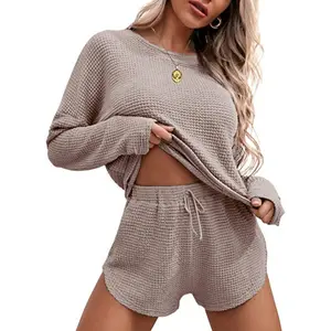 2025 New Women's Waffle Knit Pajamas Suit Long Sleeve Top and Shorts Matching Casual Suit Homewear Sportswear