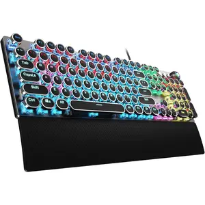 Typewriter Style Mechanical Gaming Keyboard Blue Switches,Rainbow LED Backlit,Removable Wrist Rest,Media Control Knob,Retro Punk Round Keycaps,USB Wired Computer Keyboard