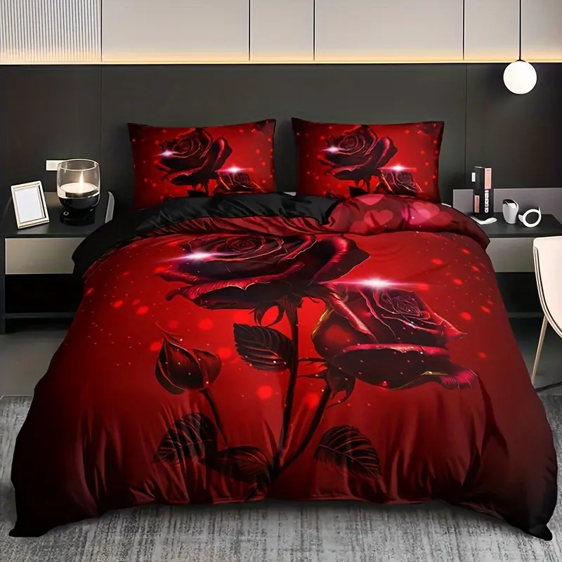 3-Piece Red Rose Print Duvet Cover Set - Includes 1 Duvet Cover and 2 Pillowcases, Breathable Polyester Fiber, Machine Washable - Suitable for All Seasons, Size Duvet Cover Set