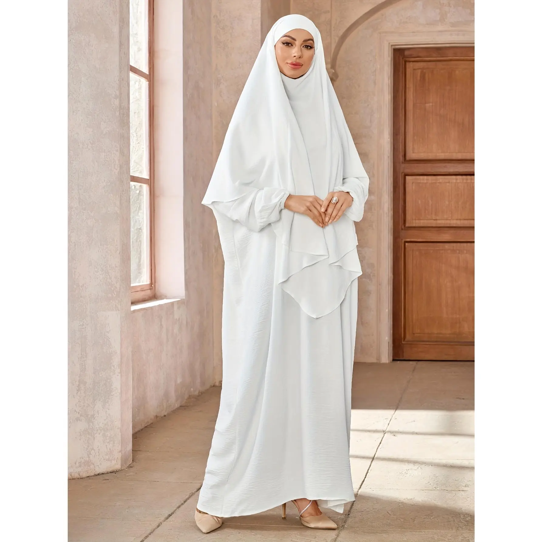 Plus Size Modest Maxi Abaya Dress with Hijab - Middle Eastern Style Loose Fit Turkish Kaftan, Long Sleeve Butterfly Cuff Sleeves, Solid Color All-Season Machine Washable for Casual Outings & Daily Wear, Nontransparent Fabric
